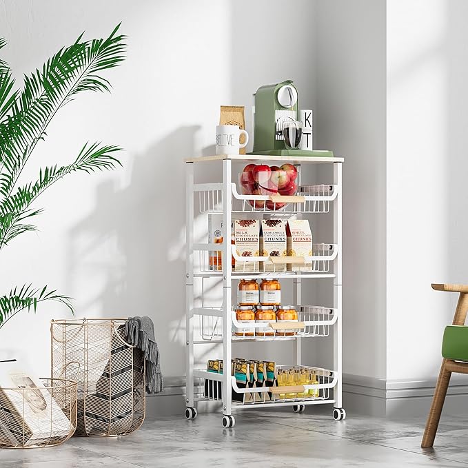 5-Layer Fruit Basket Kitchen Food Storage Organizer and Storage Rack, Stackable Storage cart with Desktop, Pull-Out Hollow Metal Storage Basket, Wheeled Sorting Rack Spice Rack-Ruum Studio Home