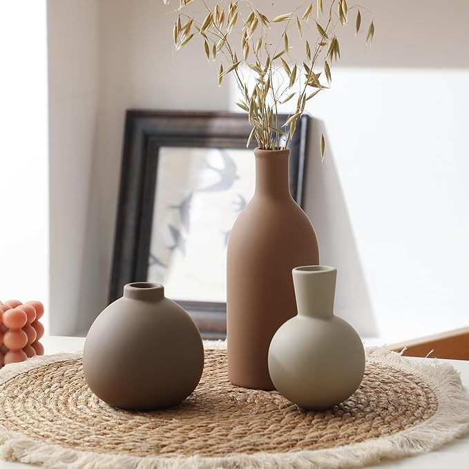 Ceramic Vase Set of 3, Vases Home Decor Rustic Farmhouse Decorative Vase Pottery Vases for Bouquet Pampas Grass Dried Fresh Flowers, Table Living Room Kitchen Bedroom Bathroom - Brown-Ruum Studio Home