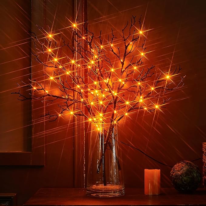 Birchlitland Halloween Branch Lights with Timer Battery Operated 75 LED Orange Fairy Lights, Lighted Black Willow Branches 21IN for Home Decor-Ruum Studio Home