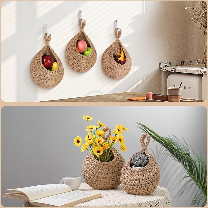 AARAINBOW Boho Wall Hanging Baskets for Kitchen Storage, Fruit Woven Wall Basket 9 Pcs, Hanging Vegetable and Onion Storage with 24 Hooks （Brown）-Ruum Studio Home