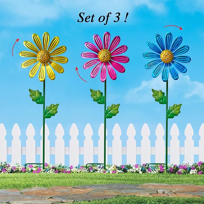 WAIU Metal Daisy Garden Stakes, Wind Catcher Spinner Garden Stakes, Garden Windmill Stakes Outdoor Wind Catchers, Yard Decor Stakes, Set of 3…-Ruum Studio Home