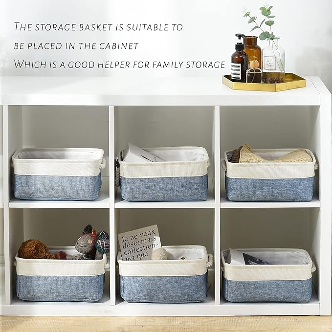 TcaFmac Storage Basket for Shelves - Small 6 Pack Fabric Storage Bins for Organizing, Collapsible Storage Cubes with Handle for Closet Cloth Toy Decorative Gift (White & Blue11.8 x 7.8 x 5.2 inch)-Ruum Studio Home