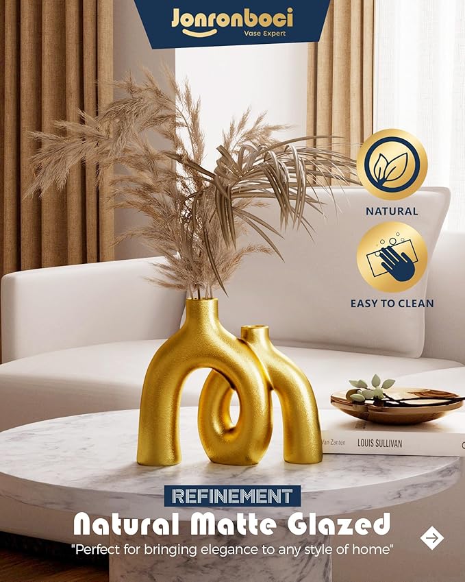 Hug Donut Decorative Vase Set - Golden Modern Classic Transitional Style Vases Home Decor, Matte Ceramic Decorations for Living Room Shelf, Bookshelf Mantle Entryway Table or Console Décor (Gold)-Ruum Studio Home