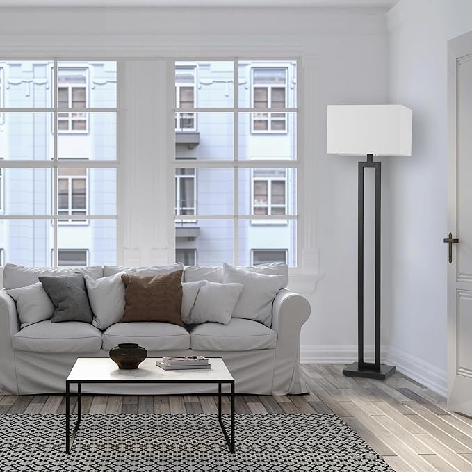 GLOBE Electric 67046 58" Floor Lamp, Matte Black Finish, White Linen Rectangular Shade, Modern Geometric Cutout Design, E26 Base-Ruum Studio Home
