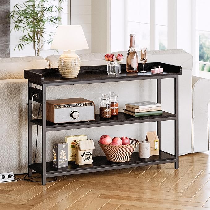 IRONCK Console Table, Sofa Table with Power Outlet, Farmhouse Hallway Table for Entryway, Living Room, Height Adjustable, Easy Assembly, Vintage Black, 43"-Ruum Studio Home
