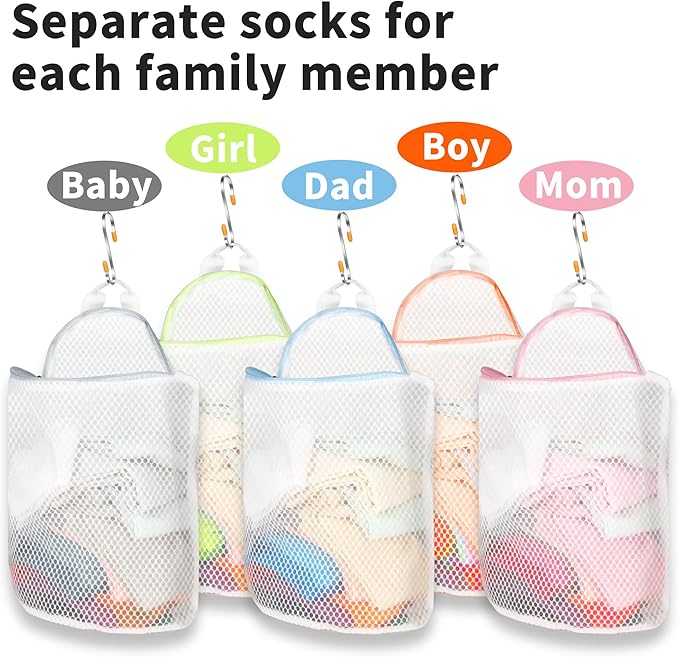 5Pcs Hanging Laundry Bags for Socks with S Hooks, 5 Color Mesh Laundry Bags for Washing Machine-Ruum Studio Home