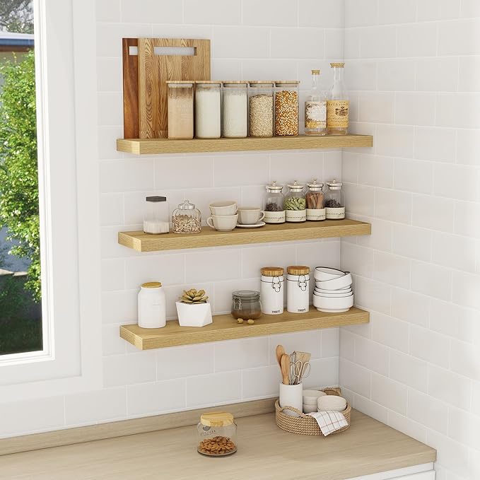 Floating Shelves Wall Shelf 30 Inch Long, Rustic Wood Bathroom Shelves 30 Inch, Farmhouse Home Decor Kitchen Living Room Bedroom Shelves Wall Mounted, 30 x 6.7 x 1.4 Inch, Set of 3, Oak Color-Ruum Studio Home