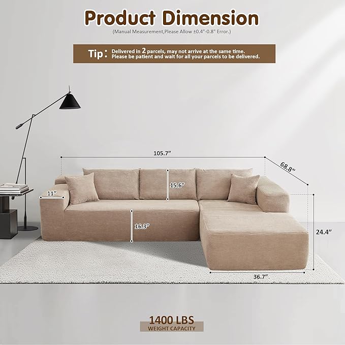 ovios 104" Cloud Sectional Couch with L-Shape Chaise,Modern Modular Sofa with Deep Seat, Upholstered Couches for Living Room Bedroom,No Assembly Required, Camel (Corduroy Fabric)-Ruum Studio Home