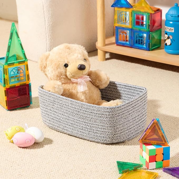 Small Storage Baskets for Organizing | Closet Organizer Bins | Shelf Toy Basket | Woven Rope Baskets | Cube Decorative Box | Shallow Basket | 11.5x7.5x4.7” | 3 Packs Mixed Grey-Ruum Studio Home
