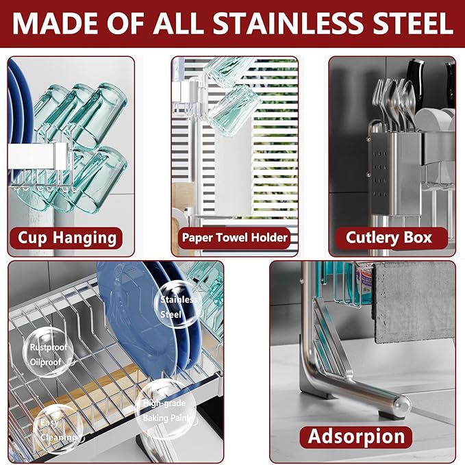 VNKZI Over Sink Dish Drying Rack, 2 Tier Full Stainless Steel Storage Adjustable Length (25.98'' to 36.61'') Kitchen Rack, Multifunctional Expandable Counter Organizer, Space Saver Dish Rack-Ruum Studio Home