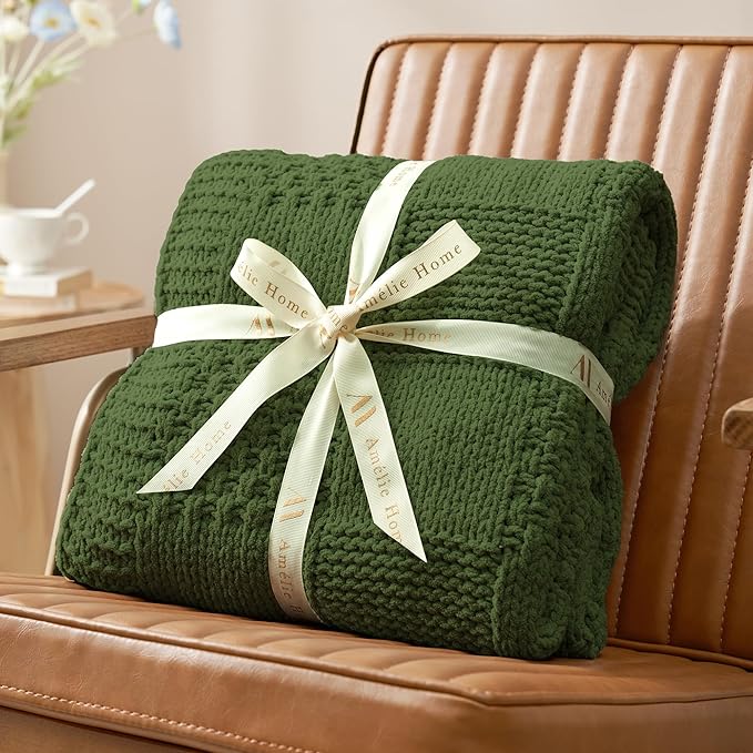 Amélie Home Chenille Knit Throw Blanket for Couch, Checkered Texture Decorative Soft Blanket for Sofa, Bed & Living Room, 50"x60", Olive Green-Ruum Studio Home