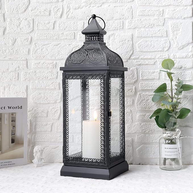 TRIROCKS Rustic Style Metal Candle Lantern 19'' High Decorative Hanging Lantern Candle Holder with Tempered Glass for Christmas Living Room Garden Yard Patio Parties Events Indoors Outdoors(Black)-Ruum Studio Home