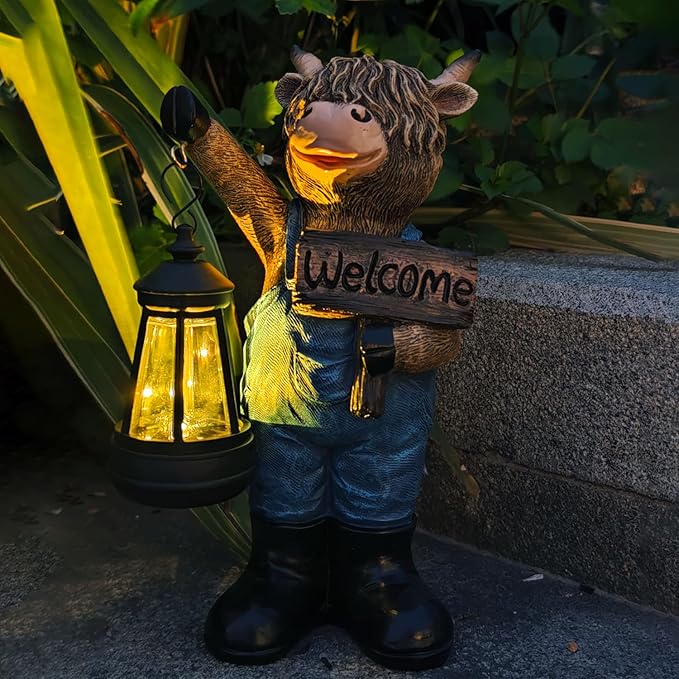 Solar Garden Statues -Highland Cow Lantern Outdoor Handmade Resin Statue with LED Light, and Welcome Holder for Patio, Yard, Gift Ideas (cow2)-Ruum Studio Home