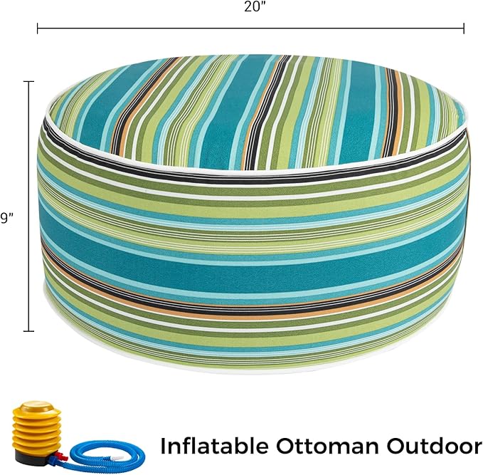 FUNHOME Inflatable Outdoor Ottoman with Air Pump,20"x9" Portable Patio Pouf,Water Resistant,Fade-Resistant,Round Blow Up Footrest Stools for Home Garden Camping Travel(Green Stripe)-Ruum Studio Home