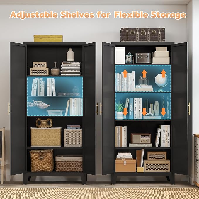 70.87" H Metal Kitchen Pantry Cabinet, Freestanding Cupboard with 2 Doors and 4 Adjustable Shelves, Tall Metal Storage Cabinet for Kitchen, Bathroom, Dinning Room or Laundry Room （Black）-Ruum Studio Home