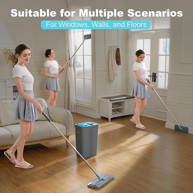 JOYMOOP Mop and Bucket Set with Wringer, Mops for Floor Cleaning, Wall Mop Cleaner with Long Handle, with 4 Reusable Microfiber Mop Pads - Grey+Cyan Blue-Ruum Studio Home