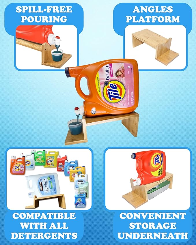 TidyFriend Laundry Detergent Dispenser with Tray & Strap, Laundry Soap Dispenser with Non-Slip Rubber Feet for Washing Room Organization, Easy Pour (Wood)-Ruum Studio Home