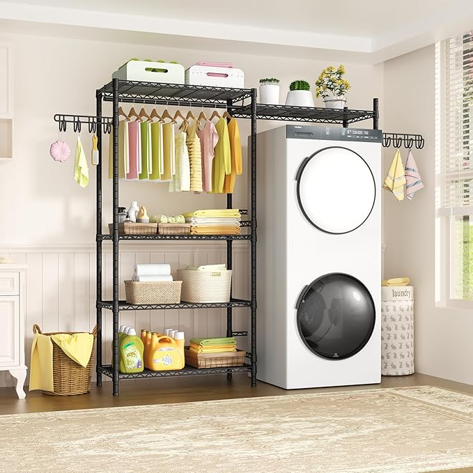 Ulif U5 Over the Washer and Dryer Storage Shelf, Laundry Room Space Saver Bathroom Storage and Organizer Rack for Hanging Towels and Drying Clothes with 5 Wire Shelves, 58.2"W x 13.4"D x 77.5"H, Black-Ruum Studio Home