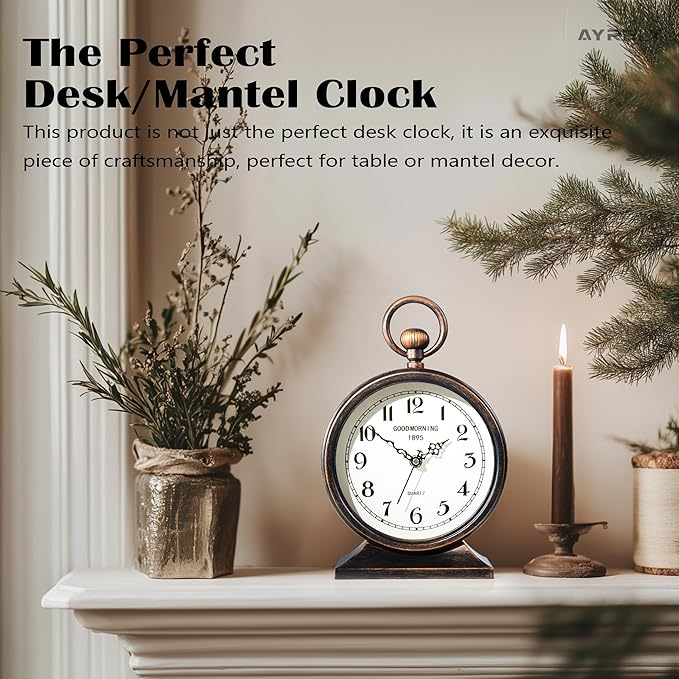 AYRELY® 7-Inch Vintage Mantel Clock with Handle,Antique Metal Desk Clocks Battery Operated,Retro Table Clock for Bedroom Living Room Shelf Farmhouse Fireplace Décor-Ruum Studio Home