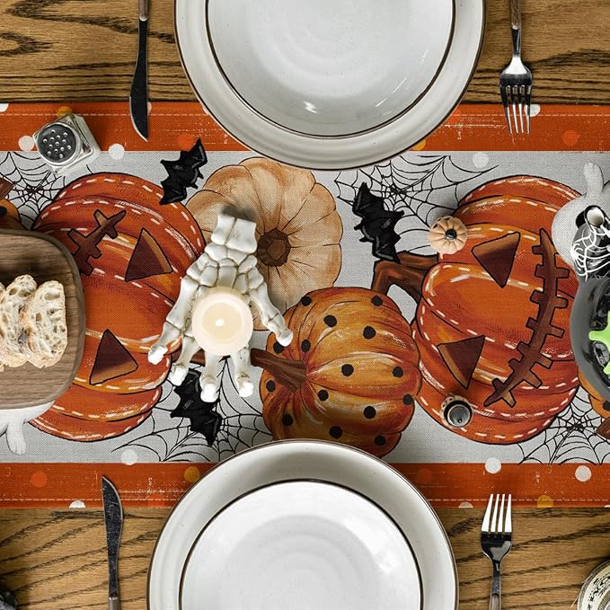 Artoid Mode Orange Jack-O'-Lantern Pumpkin Ghost Halloween Table Runner, Holiday Kitchen Dining Table Decoration for Home Party Decor 13 x 72 Inch-Ruum Studio Home