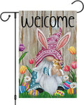 Welcome Easter Gnome Garden Flag 12x18 Double Sided Burlap, Funny Bunny Floral Small Yard Flag Banner for Holiday Farmhouse Outdoor Decor (ONLY FLAG)-Ruum Studio Home