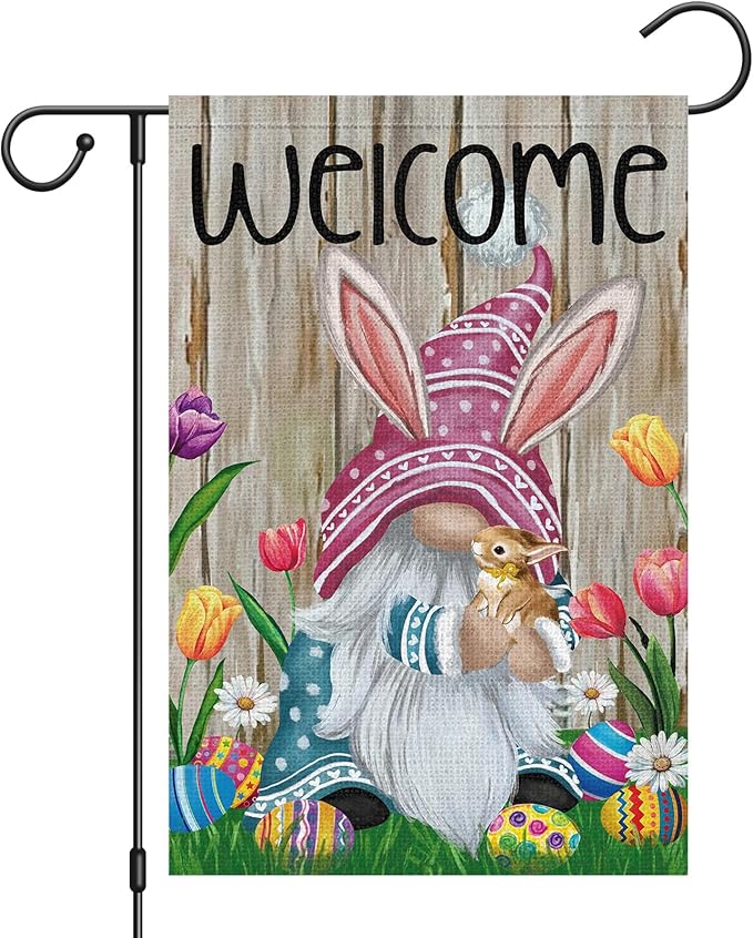 Welcome Easter Gnome Garden Flag 12x18 Double Sided Burlap, Funny Bunny Floral Small Yard Flag Banner for Holiday Farmhouse Outdoor Decor (ONLY FLAG)-Ruum Studio Home