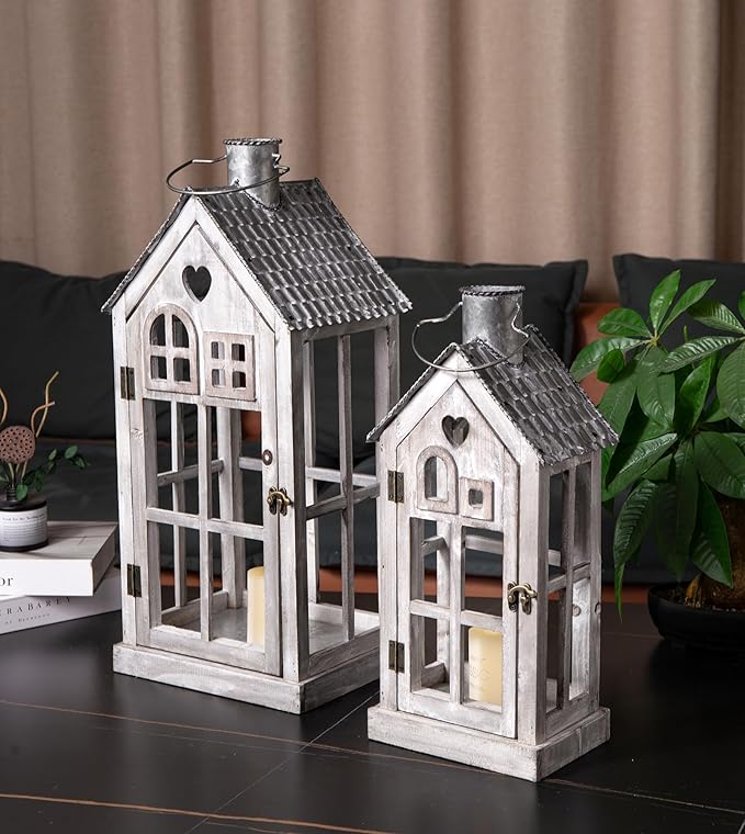 Large Farmhouse Wooden Metal Candle Lantern Set of 2, Rustic Decorative Floor Lanterns, Indoor/Outdoor Village Houses Lantern for Home Decor (No Glass)-Ruum Studio Home
