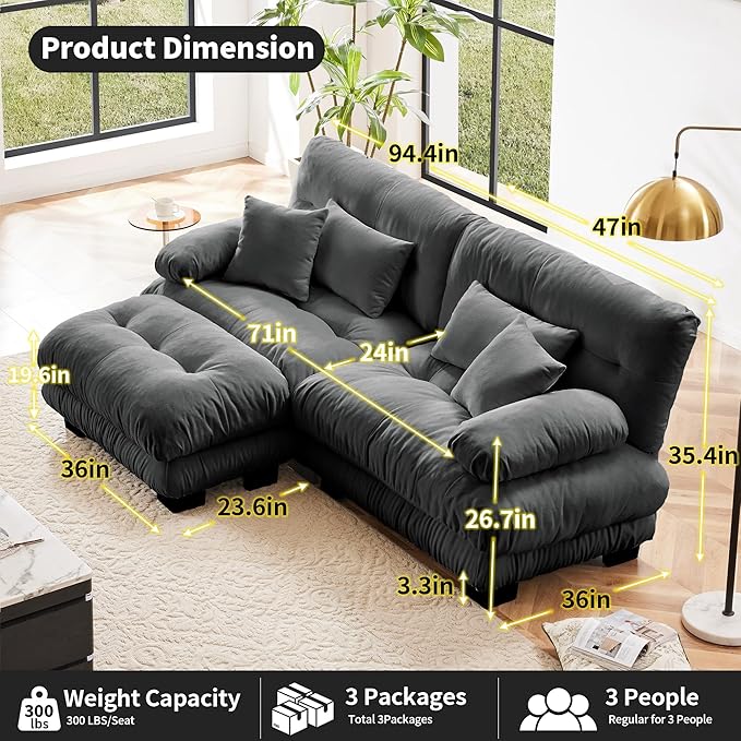 Loveseat Modular Sectional Sofa, L Shaped Couch with Ottoman, Cloud Couch Sectional Couch Home Sofa Living Room Oversized Couch Deep Seat Couch with Round Bolster Armrests 4 Pillows(Gray)-Ruum Studio Home