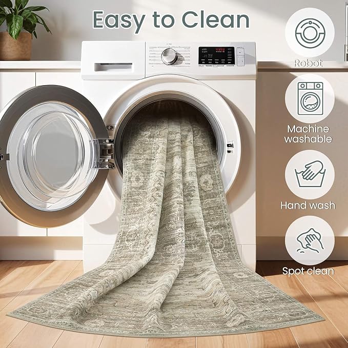Washable Area Rugs for Living Room -10x13 Neutral Vintage Distressed Floral Farmhouse Boho Large Soft Floor Rug Indoor Non Slip Carpet for Living Room Bedroom Dining Room Office-Brown/Tan-Ruum Studio Home