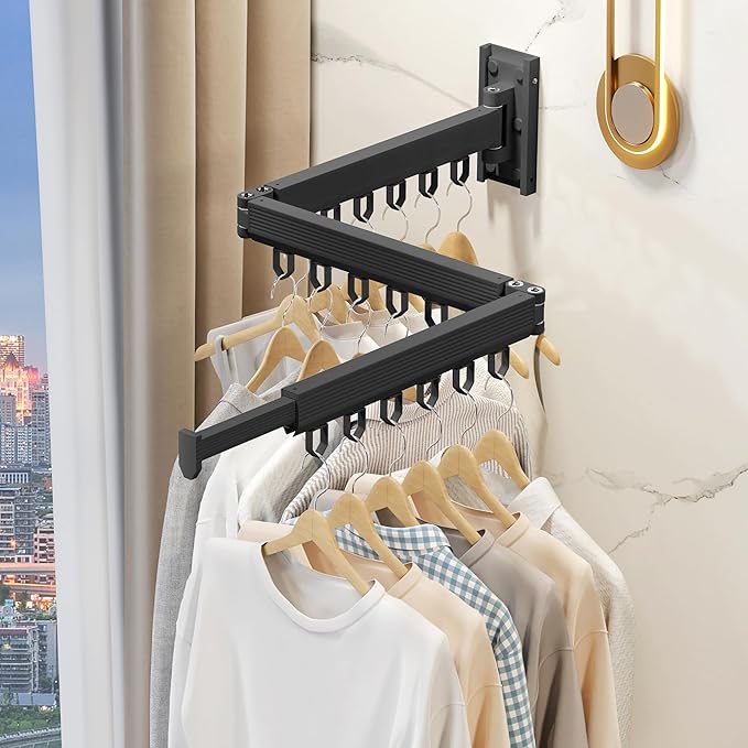 Wall Mounted Clothes Drying Rack, Retractable & Collapsible, Foldable Black-Ring Laundry Hanger-Ruum Studio Home