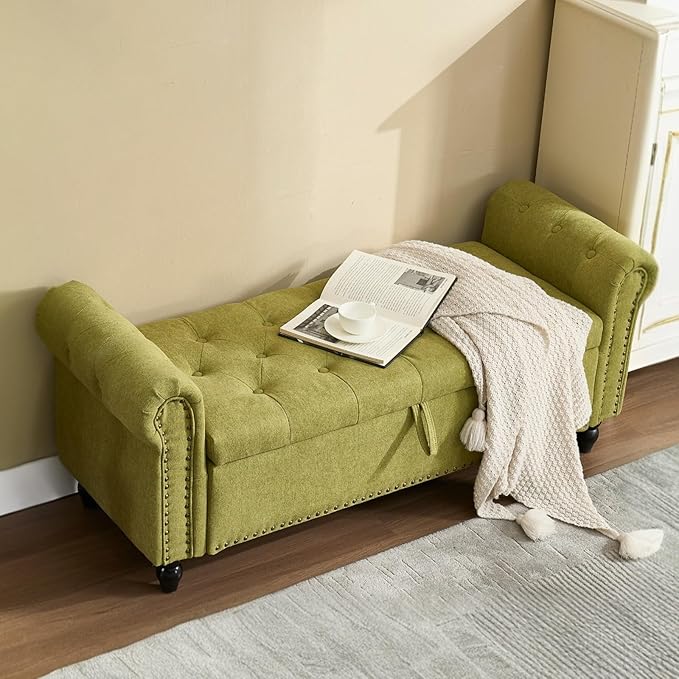Furniliving 55” End of Bed Bench, Bedroom Bench with Button-Tufted, Large Upholstered Storage Ottoman Benches Entryway Bench with Storage Shoe Cabinet Bench, for Bedroom, Living Room, Linen, Green-Ruum Studio Home