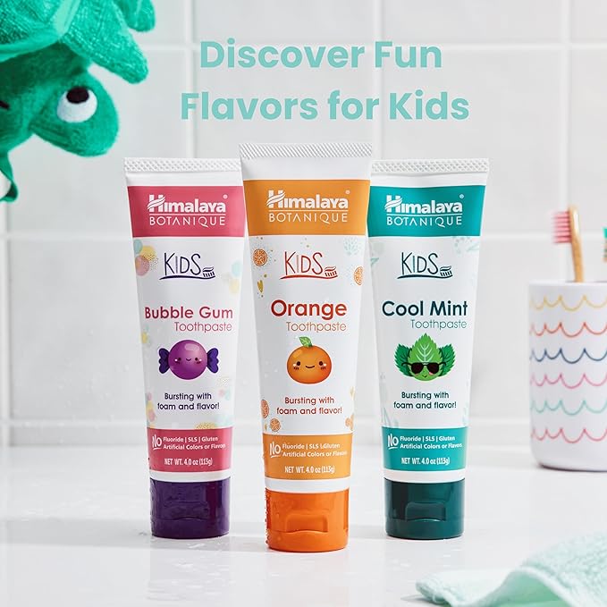 Himalaya Botanique Kids Toothpaste with Xylitol, Variety Pack of Bubble Gum, Orange & Cool Mint - Fluoride Free Toothpaste - Vegan, Gluten Free, No Artificial Flavors or Colors, 4 oz (Pack of 3)-Ruum Studio Home