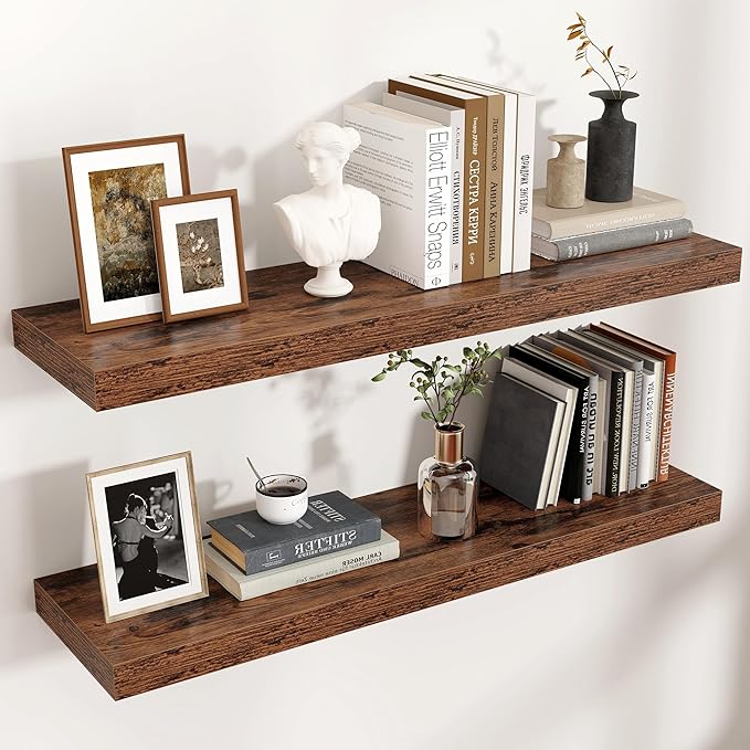 Floating Shelves - 2 Large Wall Mounted Shelves with Invisible Brackets, Long Wood Floating Wall Shelf for Living Room, Bedroom, Kitchen (Brown, 36" W x 9" D x 1.5" H)-Ruum Studio Home