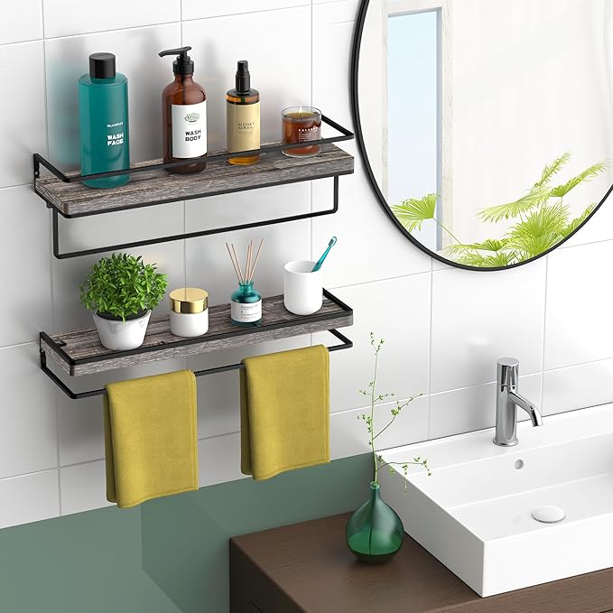 Meangood Floating Shelves Wall Mounted Set of 2, Wall Shelf with Towel Bar Rustic Wood Wall Storage Shelves for Bedroom,Living Room,Bathroom, Kitchen Pine-Ruum Studio Home