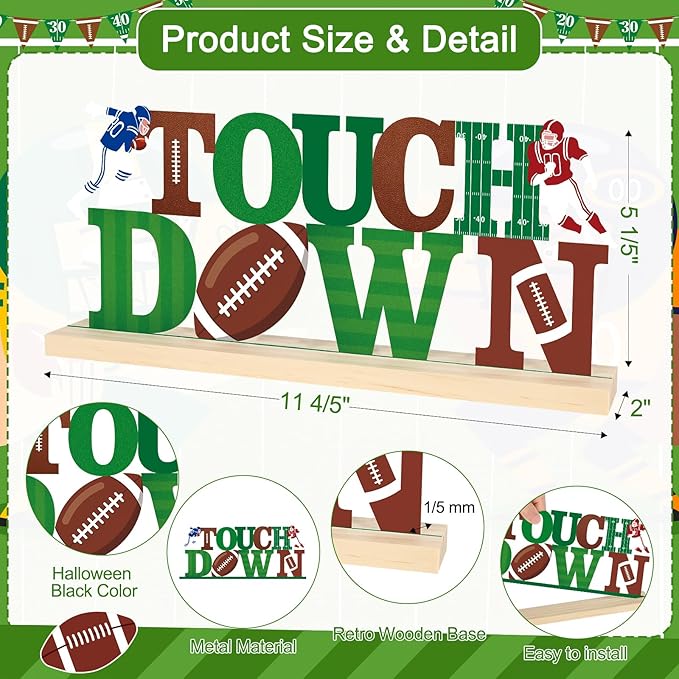 COCHIE Metal Football Touchdown Sign, Green Super Football Bowl Game Tailgate Party Decorations for Home, Office, Shelf, Mantel, Indoor, Touch Down Table Toppers Decor (Superbowl)-Ruum Studio Home