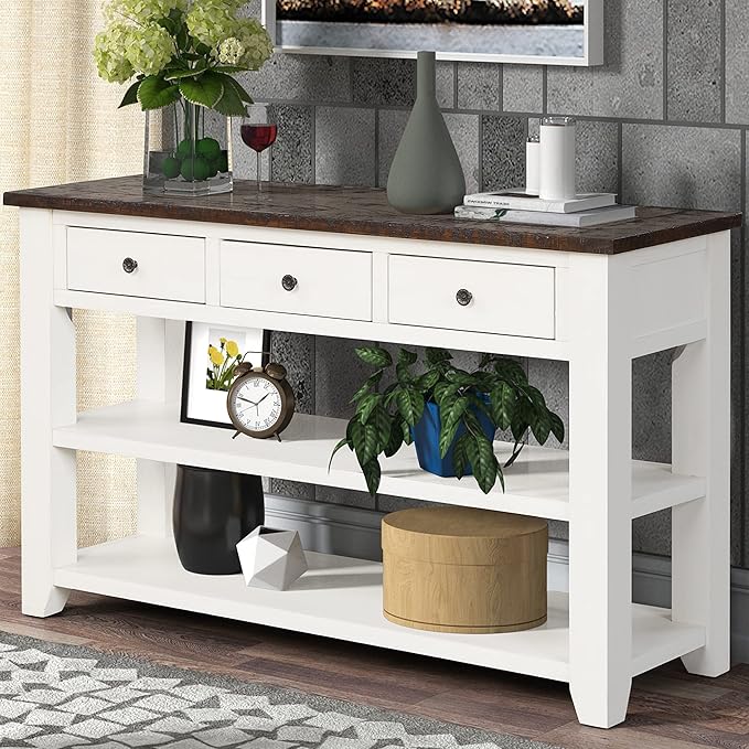 Solid Wood Console Table,Sofa Table with Storage Drawers and Bottom Shelf,Entryway Table for Entry Hallway Foyer Sofa Couch Table,Fully Assembled (48.8" Antique White)-Ruum Studio Home