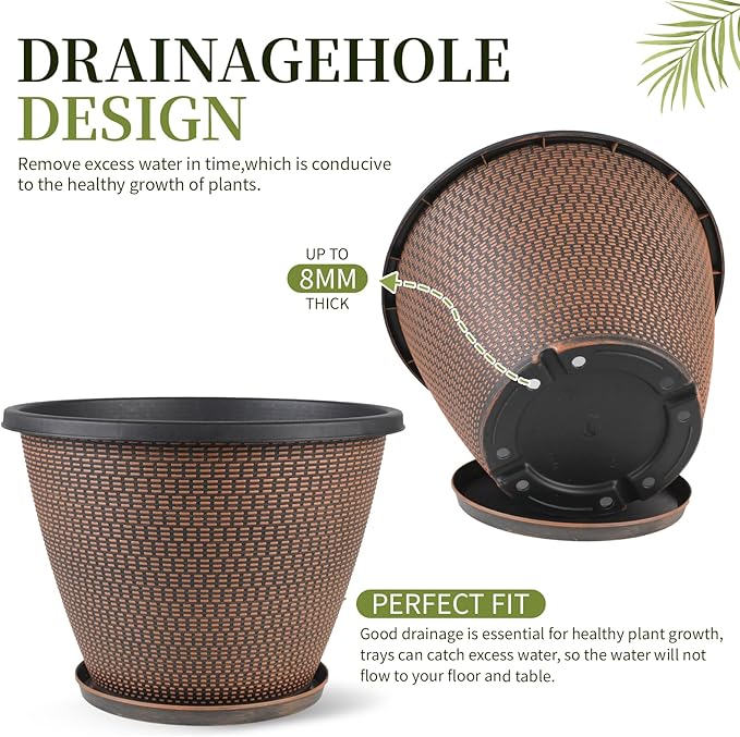 16 inch Plant Pots, Large Planters for Outdoor Plants Set of 4, Round Plastic Flower Pots with Drainage Holes & Trays, Modern Decorative Indoor Garden Pot, Plant Container for House (Black Copper)-Ruum Studio Home