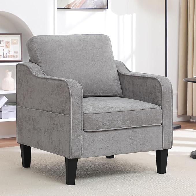 Accent Chairs Set of 2, Upholstered Living Room Chairs with Side Pockets, Mid Century Modern Reading Chair for Bedroom, Comfy Armchair Single Sofa Side Chair for Office, Small Room, Light Grey-Ruum Studio Home