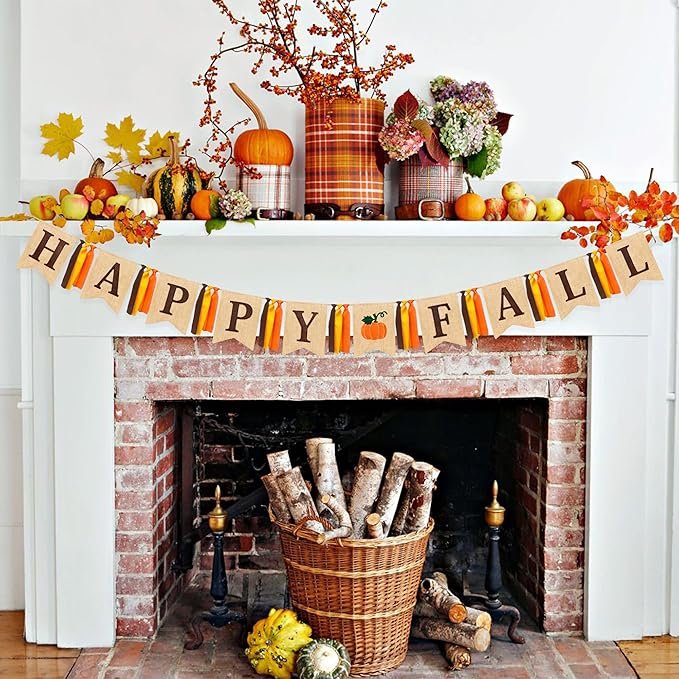 Happy Fall Pumpkin Burlap Pennant Banner Flag Felt Happy Fall Sign and Pumpkin Pattern with Fall Color Ribbon for Fall Autumn Harvest Thanksgiving Day Birthday Baby Shower Party Decorations Supplies-Ruum Studio Home