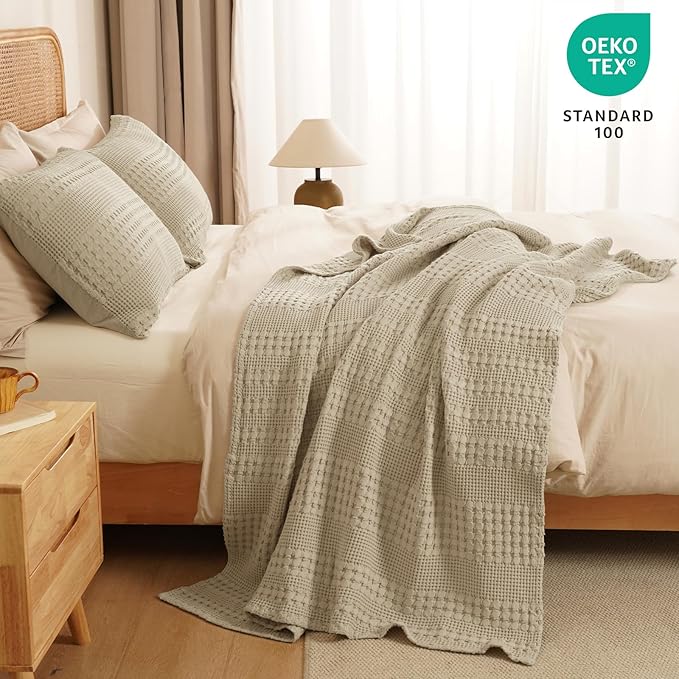 PHF 100% Cotton Waffle Weave Throw Blanket, Soft Lightweight Breathable Cozy Summer Throws for Couch Bed Sofa, Luxury Aesthetic Woven Blanket for Home Decor & Office, 50"x60", Khaki-Ruum Studio Home