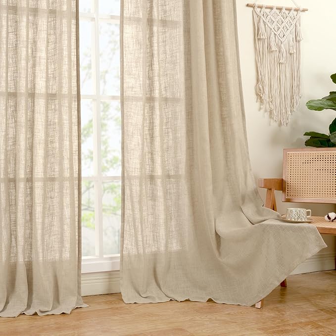 LAMIT Brown Sheer Linen Curtains 48 inches Length 2 Panels, Short Light Filtering Linen Textured Curtains for Kitchen/Window/Cafe/Loft Room, 34 x 48 Inch-Ruum Studio Home