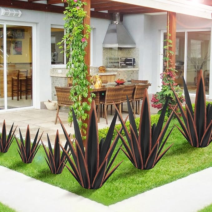 Large Tequila Rustic Sculpture, Rustic Metal Agave Plants for Outdoor Patio Yard, Home Decor Hand Painted Metal Agave Garden Yard Statue, Outdoor Lawn Ornaments Yard Stakes (Black -L)-Ruum Studio Home