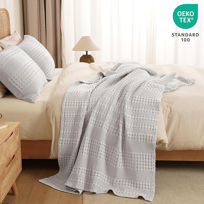 PHF 100% Cotton Waffle Weave Throw Blanket, Soft Lightweight Breathable Cozy Summer Throws for Couch Bed Sofa, Luxury Aesthetic Woven Blanket for Home Decor & Office, 50"x60", Light Grey-Ruum Studio Home