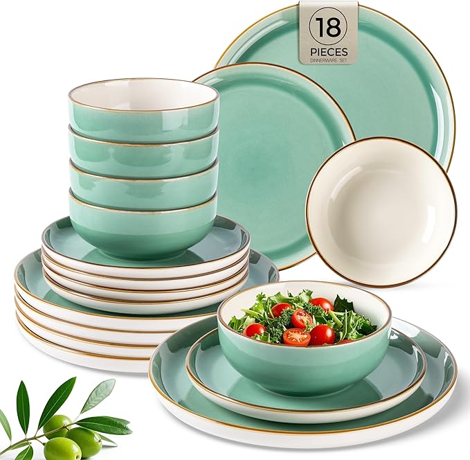 GBHOME Ceramic Dinnerware Sets, 18 Pieces Stoneware Dinnerware Set, Plates and Bowls Sets, Dishwasher & Microwave Safe,Dishes Set | Service for 6-Ruum Studio Home