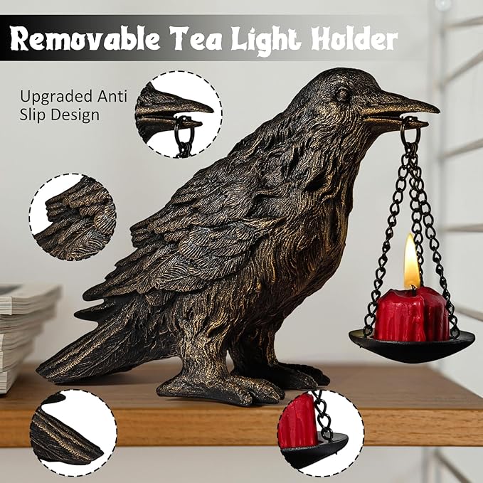 Gothic Home Decor Fake Crow Light Holder Raven Lamp Tealight Candle Holder Resin Statue Half Gold-Ruum Studio Home