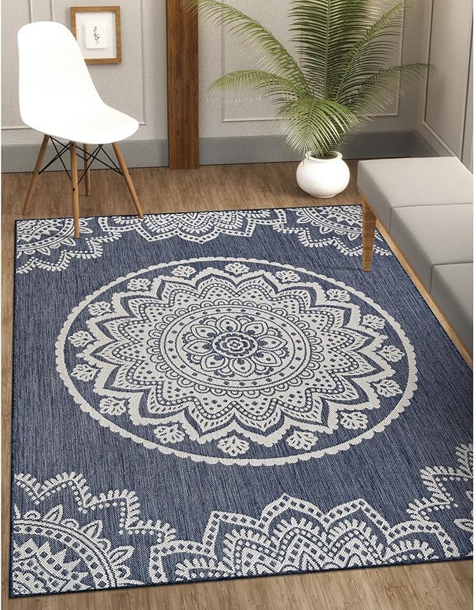CAMILSON Outdoor Rug 10x14 Modern Area Rugs for Large Indoor and Outdoor Patios and Porches - Waterproof Washable Non-Shedding Easy-to-Clean Outside Carpet (10 x 14, Medallion - Blue/White)-Ruum Studio Home