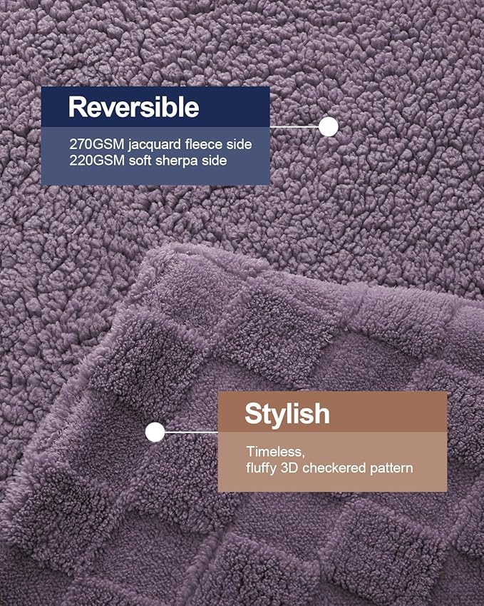 Pawque Super Soft Cozy Throw Blanket for Couch Sofa Bed - Fluffy Sherpa Fleece Reversible Thick Warm Fuzzy Blanket for All-Season, 3D Checkered Jacquard Elegant Decorative Blankets, Purple, 50" x 60"-Ruum Studio Home