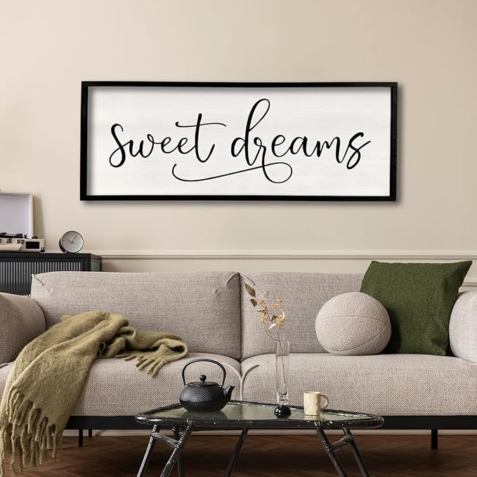 comurdyo Sweet Dreams Wall Decor Above Bed Sign 40" x 15" Master Bedroom Wooden Antique Framed Large Rustic Farmhouse Guest Room Beautiful Simple Hanging Plaque Over Bed Wall Art (Black)-Ruum Studio Home