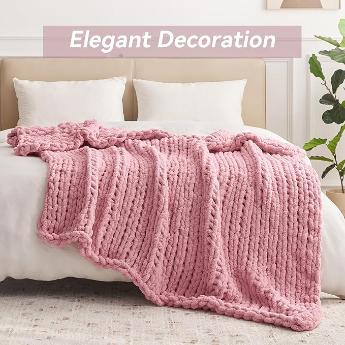 Chunky Knit Throw Blanket, 60''*80'' Knitted Throw Chenille Yarn for Bed Couch, Handmade Light Pink Crochet Big Thick Blanket, Machine Washable Cute Comfy Blanket for Home Decor-Ruum Studio Home