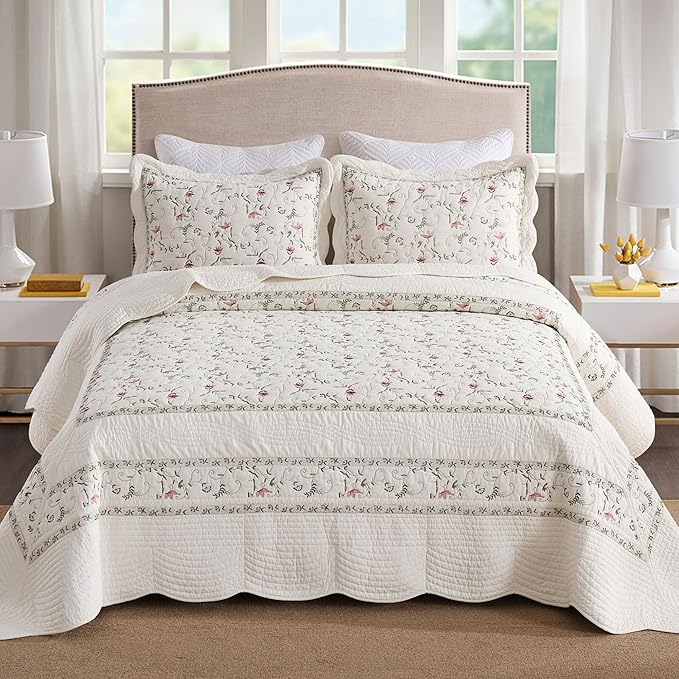 MarCielo 3-Piece 100% Cotton Oversized Bedspread Lightweight Quilt Coverlet Embroidery Farmhouse Bedding Set (TC Soft White,Oversized Queen (100"x106"))-Ruum Studio Home